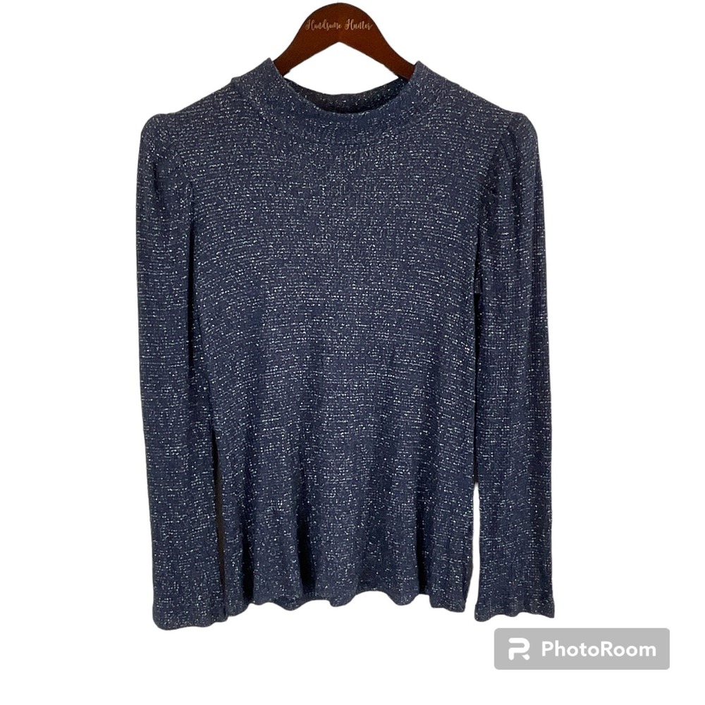 Rachel Pally Women Sz M Ada Ribbed Metallic Blue Silver Sweater Shoulder Pad E1
